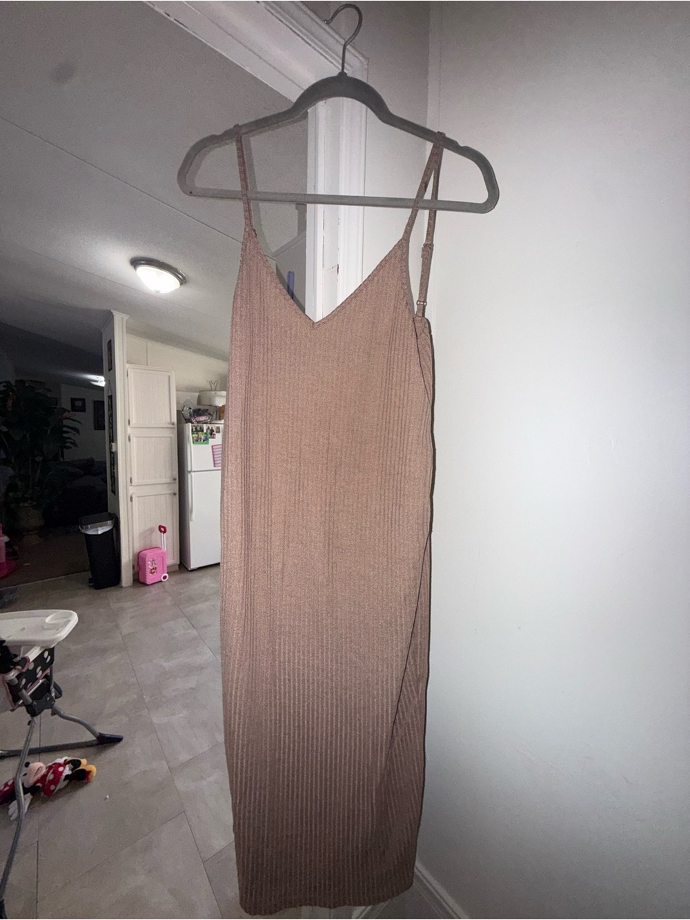 SHEIN Ribbed V-Neck Maxi Slip Dress in Taupe Brown